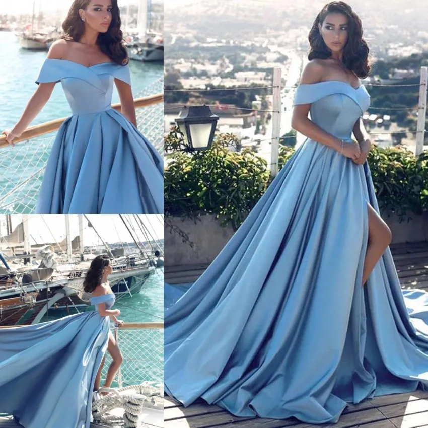 Sexig modern arabisk ljusblå formell afrikansk elegant från axlarna främre delade populära promklänningar ba6777