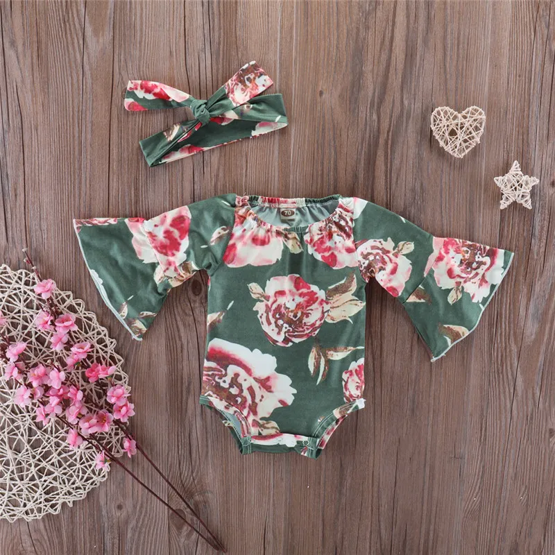 Fashion 2018 Barnflickor Kläder Nyfödd Spädbarn Toddler Baby Tjej Kläder Lång Flare Ärm Blommor Romper + Huvudband Söt Barnkläder