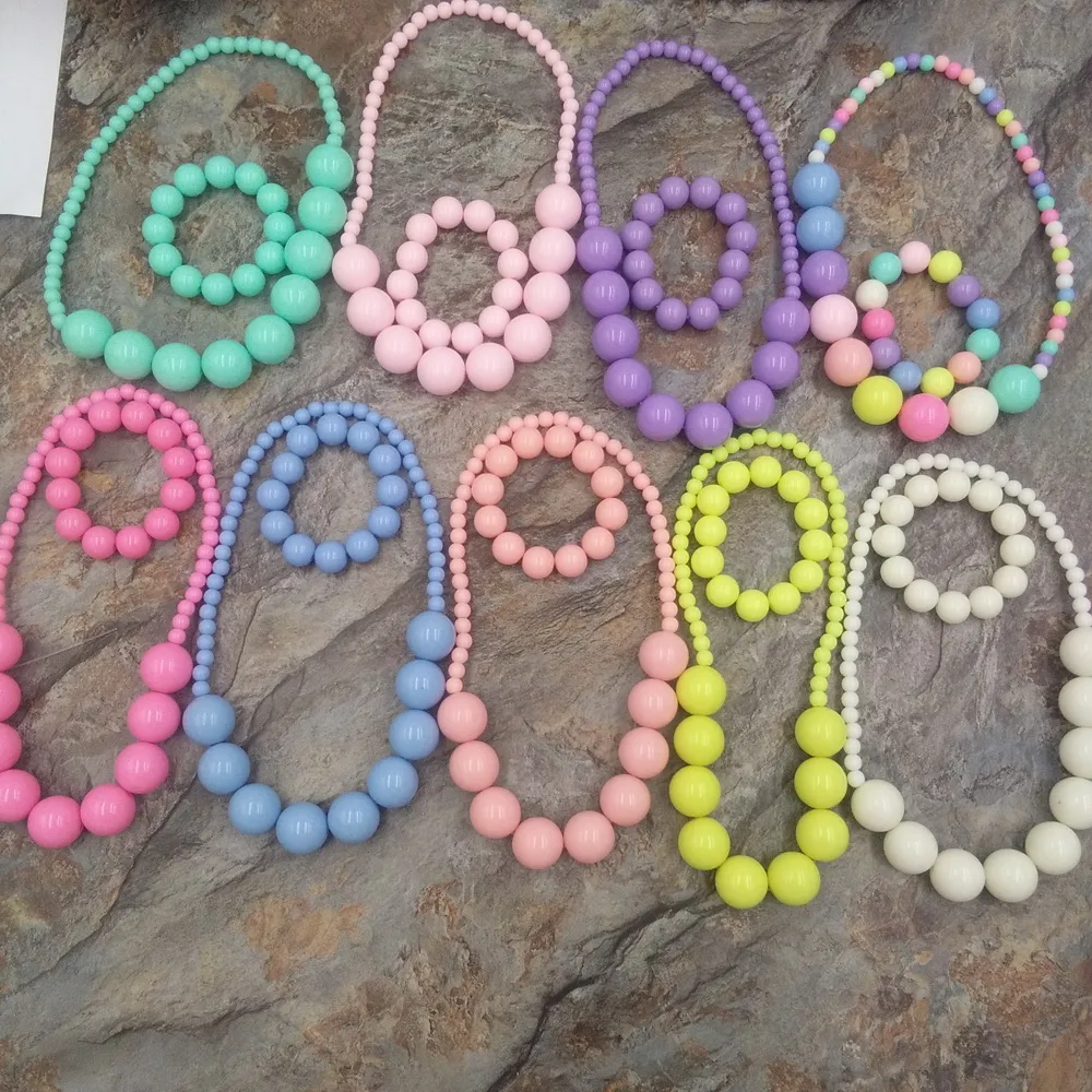 Summer elastic string fashion muhi-color bead bib necklace bracelet set for kid handmade statement acrylic beads stretched jewelry sets