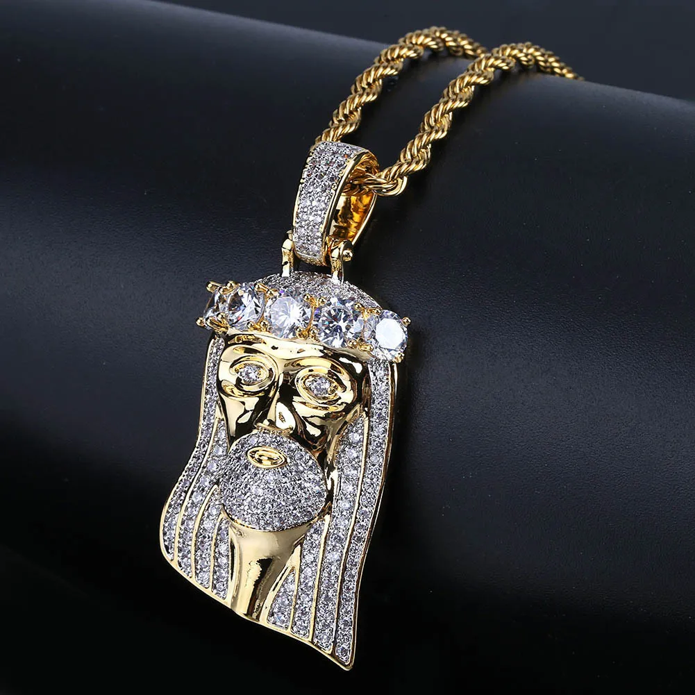 New Copper Gold Color Plated Iced Out Jesus Face Pendant Necklace Micro Pave CZ Stone Hip Hop Bling Jewelry253Z