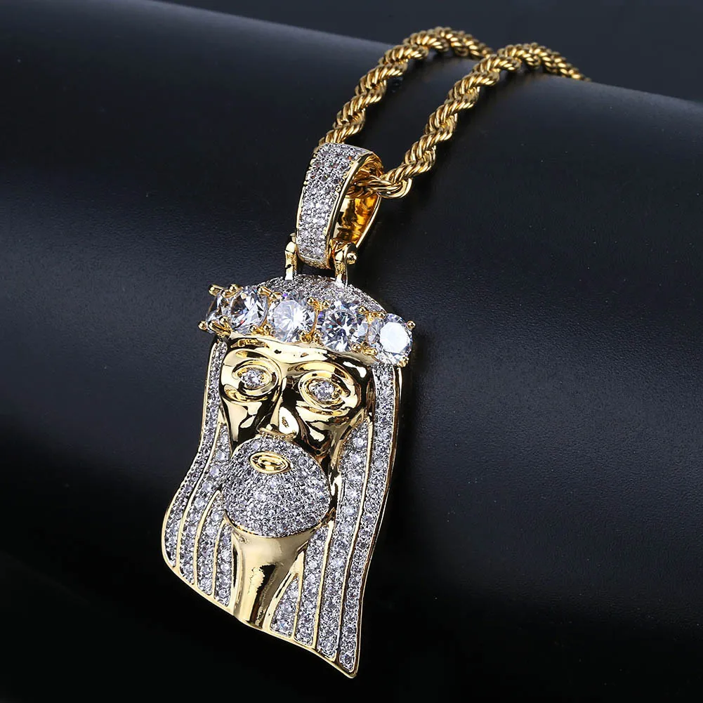 Nuovo rame placcato color oro ghiacciato Collana con ciondolo faccia di Gesù Micro pavimenta gioielli in pietra CZ Hip Hop Bling