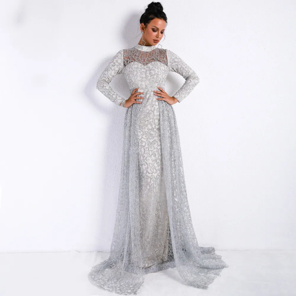Sparkling Silver Mermaid grey evening dress with Long Sleeves - Elegant Wedding, Prom, and Formal Gown