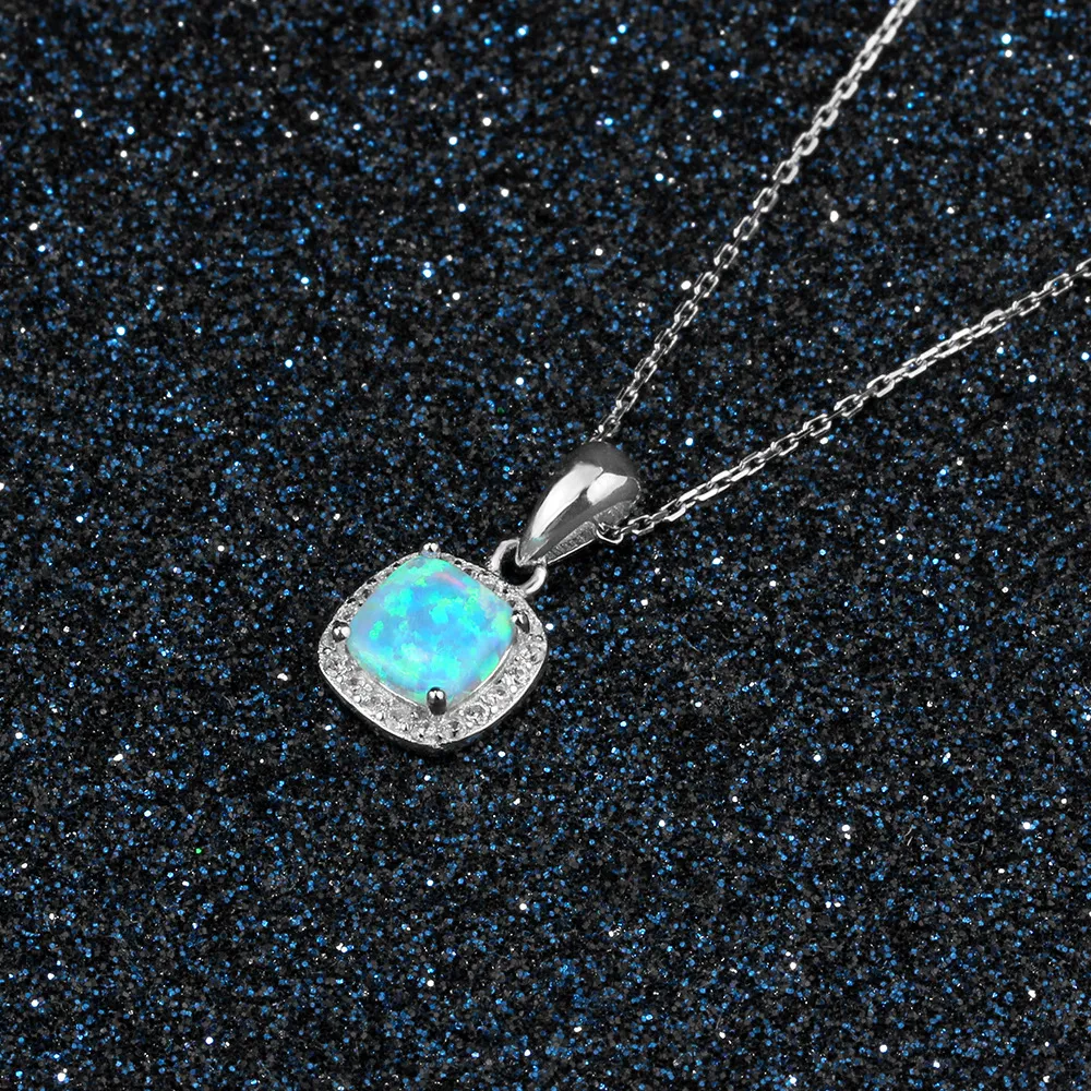 High Quality Real 925 sterling silver Pendant Charm Square necklace lady girls love gift Blue Fire Opal jewellry7138784