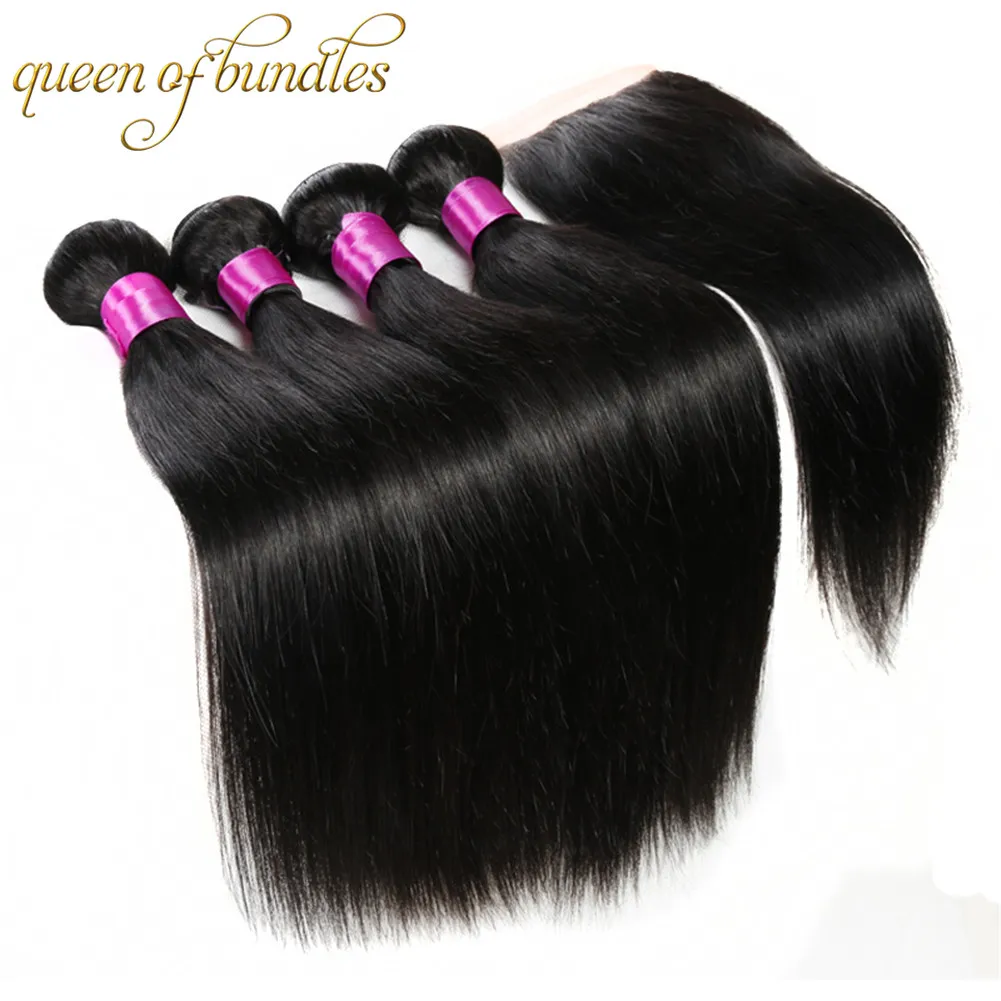 Siyusi Hair Virgin Brazilian Straight Hair 3 Bundles With Closure Free Part/ Middle Part/Three Part Human Hair Lace Closure