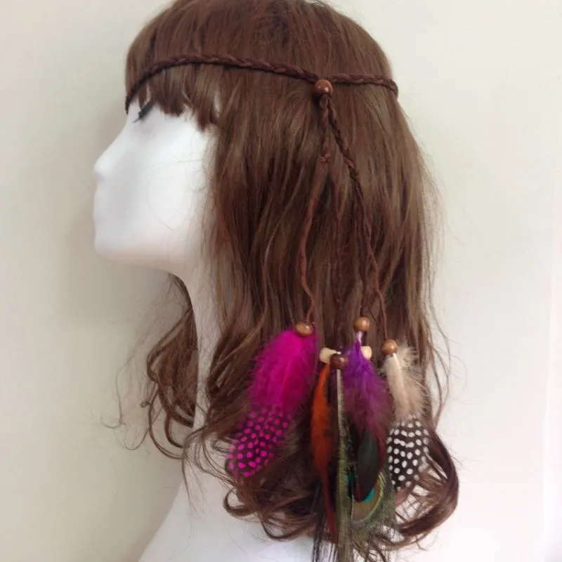 Peacock Feather Headwear Indian Bohemia Folk Headband Handmade Woven Rope For Girls With Beads 2 Styles Wholesale