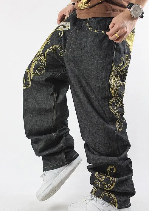 Geborduurde patroon hip-hop jeans broek hiphop casual losse plus vet grote maat skateboard mannen jeans broek