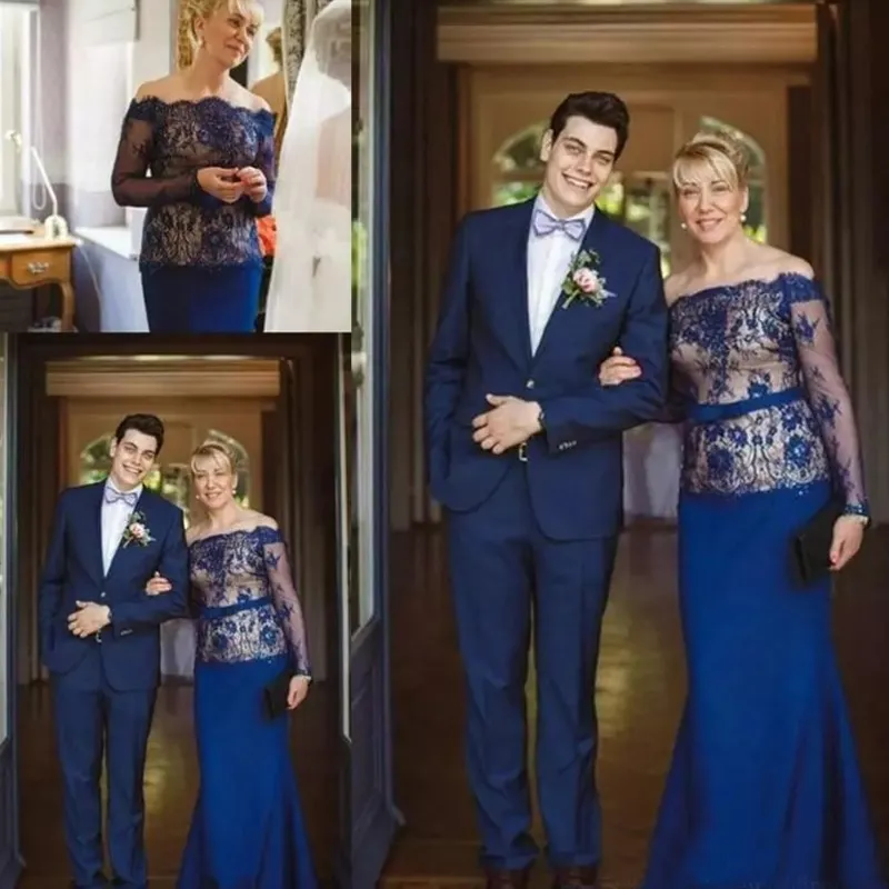 Elegant 2018 Royal Blue Lace And Stain Mermaid Mother Of The Bride Dresses With Illusion Long Sleeve Off Shoulder Mother Groom Dress EN10510