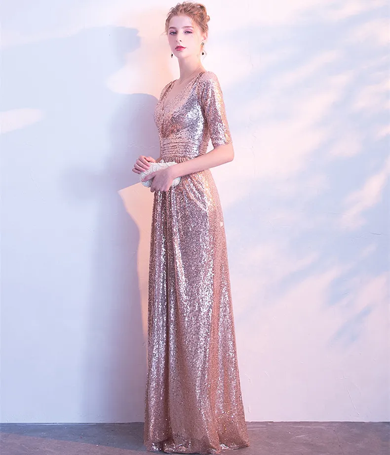 Rose Gold Sequins Bridesmaid Dress 2019 Bling Long Party Dresses New Formal Maid of Honor Gowns