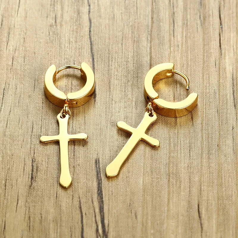 Rock Cross Shaped Hoop Earrings in Stainless Steel Minimal X Earrings Religious Earrings