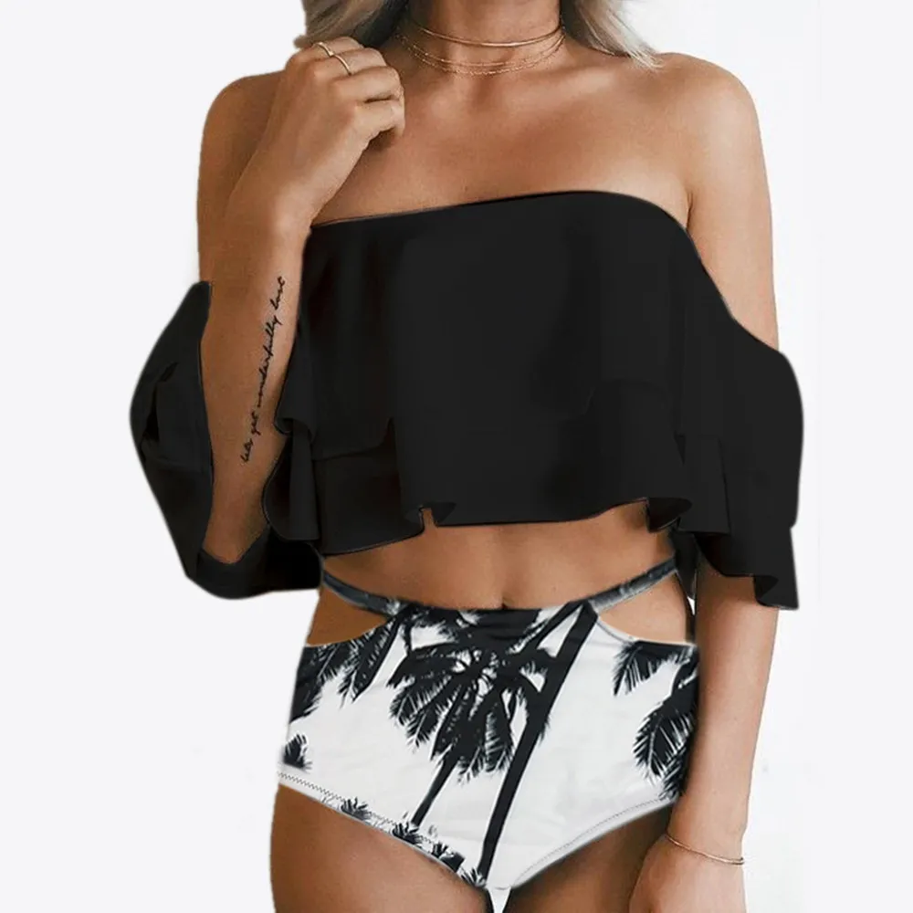 Bikini Set Doubledeck Flouncing Swimsuit Push Up Kąpiel Seksowne Kobiety Wysokiej Talii Swimwear Off Shoulder Swimming Garnitury