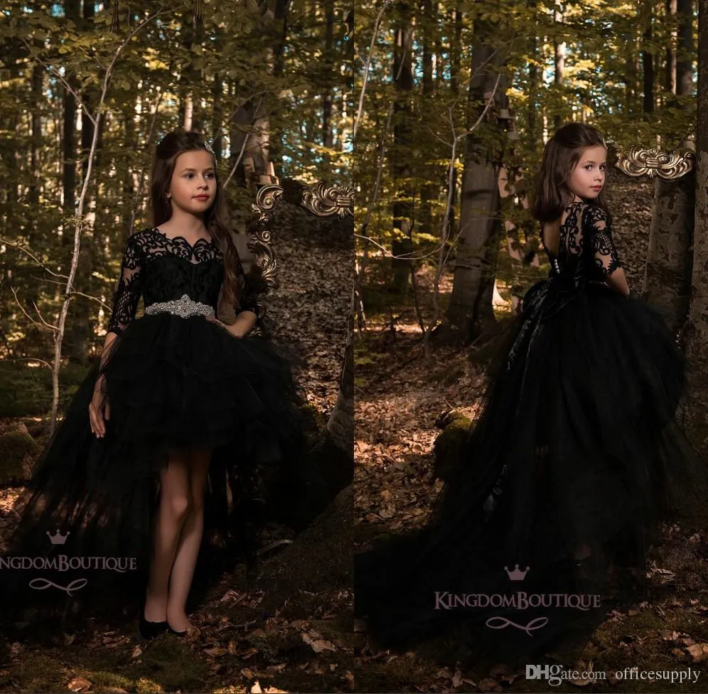 Black High Low Long Sleeve Flower Girl Dresses Lace Applique Ruffles Girls Pageant Gowns Children A Line Kids Prom Party Dress