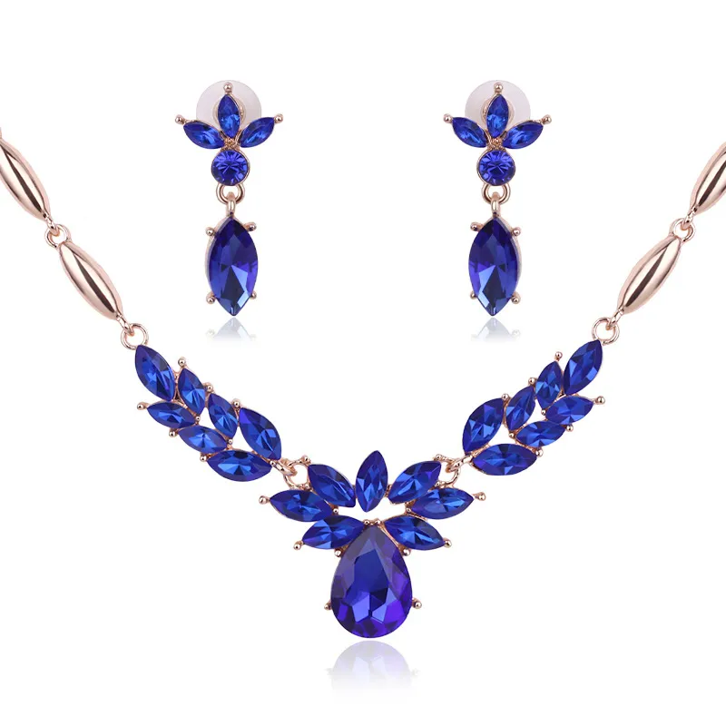 Blue Jewelry Gold Plated Necklace Set Fashion Flowers Diamond Wedding Bridal Costume Jewelry Sets Party Ruby Jewelrys(Necklace + Earrings)