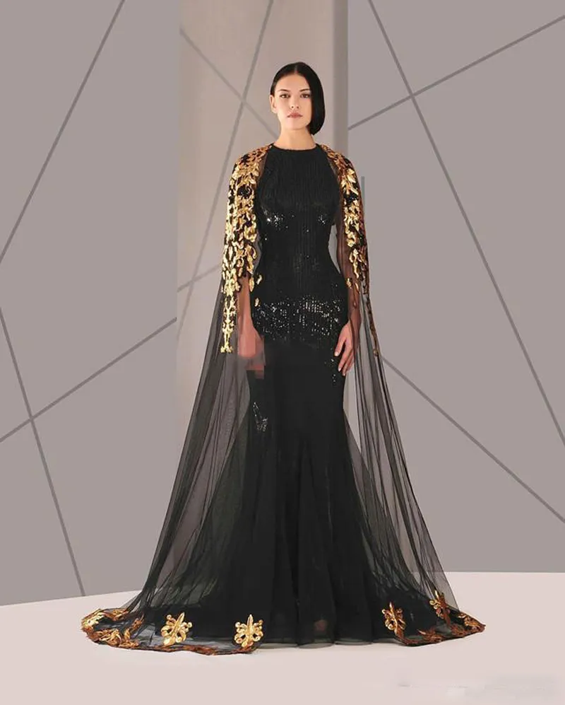 2018 Black Arabic Muslim Prom Dresses Tulle Cloak Gold and Black Sequins Crew Neck Plus Size Mermaid Formal Wear Long Pageant Prom Dress