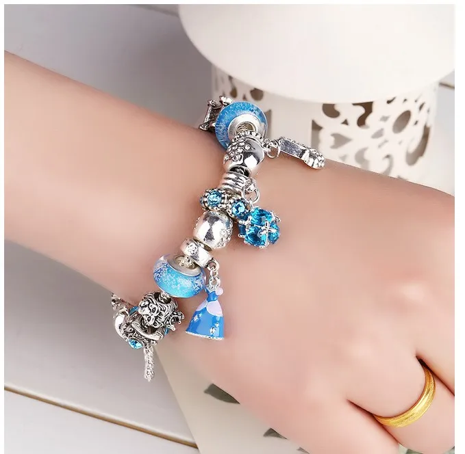 925 Sterling Silver Blue Charm Bead fit European Pandora Bracelets for Women Cinderella Crystal Shoe Charm Beads Snake Chain Fashion Jewelry