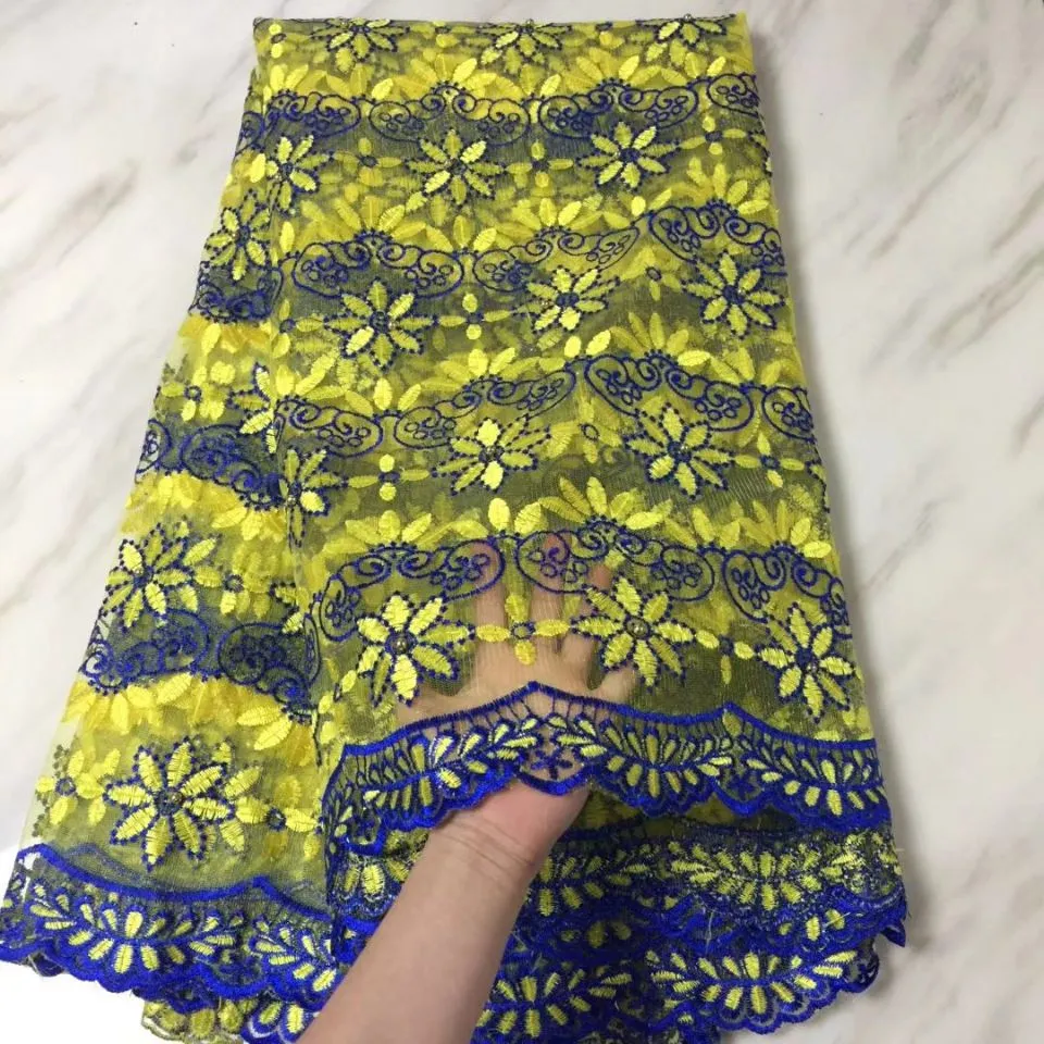 5 Yards/pc Meraviglioso fiore giallo e blu tessuto a rete francese ricamo pizzo a rete africano per abito BN93-6