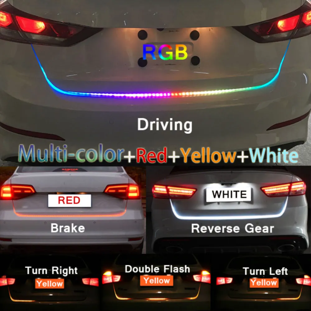 1.2m 12V RGB Flow Type LED Car Tailgate Strip Waterproof Brake Driving Turn Signal Light Car Styling High Quality