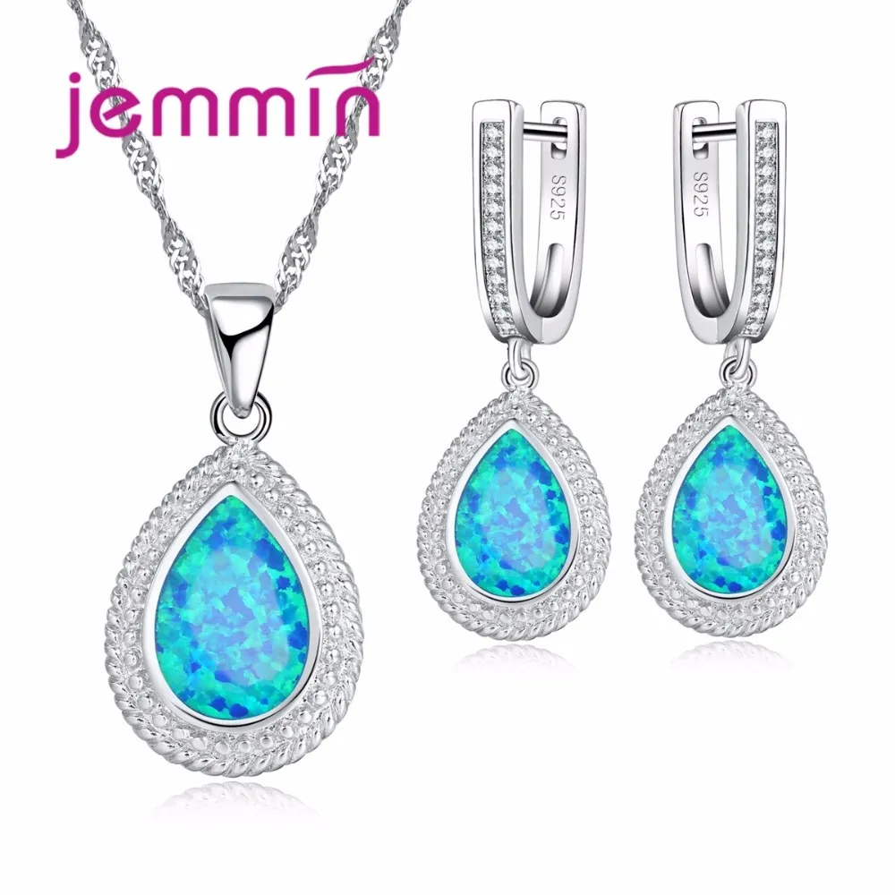 Jemmin Water Drop Blue Fire Opal Jewelry Set Fashion Pendant Necklace + Earrings 925 Sterling Siver Women
