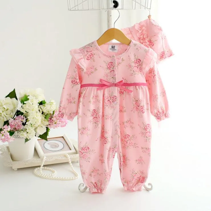 Bebé recém-nascido macacãozinho florais Romper Crianças Lace Hat infantil Macacão Flor Playsuit Criança Costume bowknot Clothes Suit