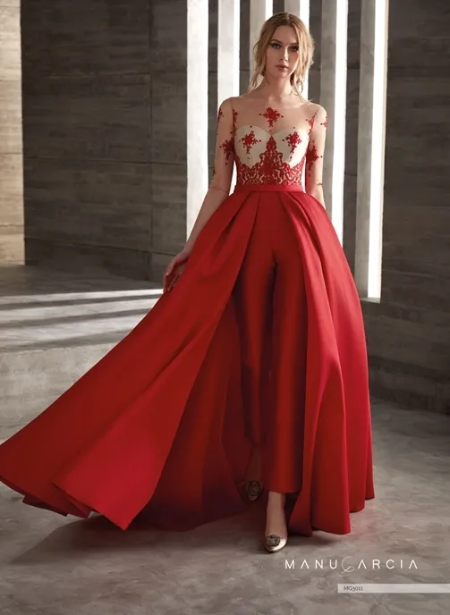 Custom Red Satin Prom Dress with Detachable Skirt Elegant Half Sleeve Jumpsuit Evening Gown for Parties