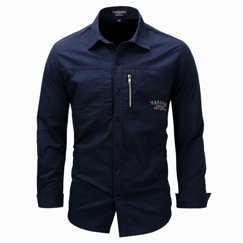 Europe and the United States plus size men's shirts long-sleeved lapel zipper shirt cotton military outdoor casual