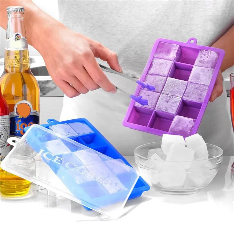 15 tragamonedas con congelación de silicona Molde de cubo de hielo DIY Pudding Jelly Maker Molde suave Cubos de hielo flexible Bandeja con tapa gota
