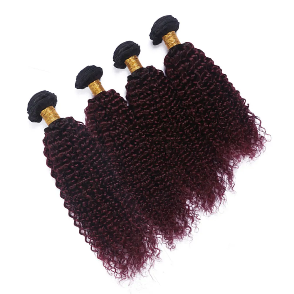 Peruvian vin röd ombre mänskliga hår väftförlängningar 4pcs kinky curly # 1b / 99j burgundy ombre jungfru mänskligt hår väv buntar mörk rot