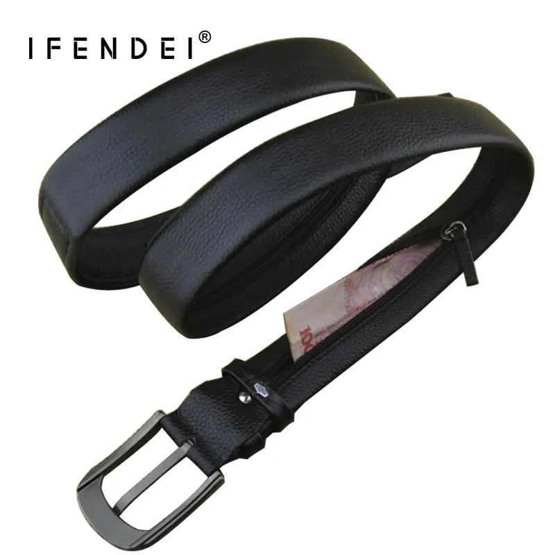 IFENDEI Cowhide Zipper Belt Men's Hidden Money Belt Genuine Leather Secret Pocket Cinto Waist Pin Buckle Strap For Money