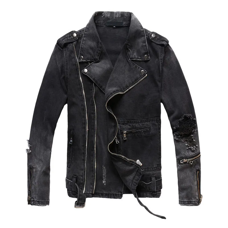 Slim Mens Ripped Denim Kurtki Trend High Street Lokomotywa Modele Dżinsowa Kurtka Black Hole Zipper Slim Lapel Denim Motorcycle Biker Kurtka