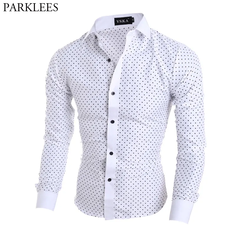 Mens polka dot utskrift vit klänning skjortor smal passform långärmad kemise homme affärer casual knapp ner skjorta manlig camisa social