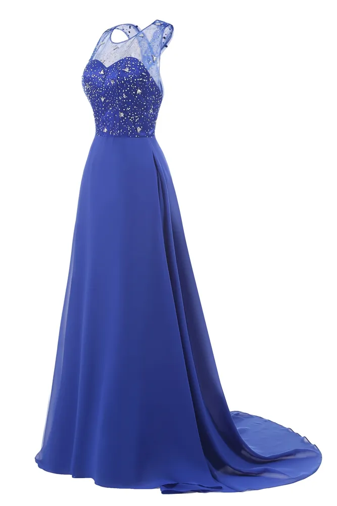 Royal Blue Plus Size Abiti da sera 2018 Sheer Neck Beaded Backless Long Prom Dress Abiti formali economici Real Po In Stock2270