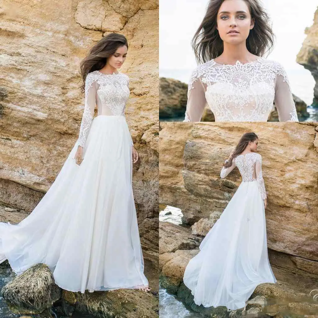 A line Beach Wedding Dress Sheer Neck Long Sleeves Appliques Chiffon Hollow Back Bridal Gowns Bohemia Wedding Dresses vestido de novia