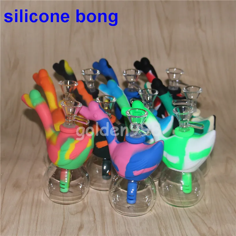 Hookahs Atacado Bongs and Downstem Silicone Tubulação de Água Dab Rig 14mm Tigela de Vidro Junta Tigela Colorida Swan Shape Bong DHL