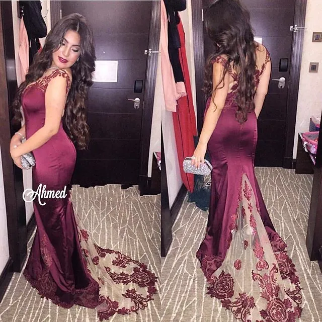 Sexy V-Neck Mermaid Prom Dresses Sleeveless Lace Applique Zipper Back Party Gowns New Arrival Satin Sweep Train Formal Evening Gowns