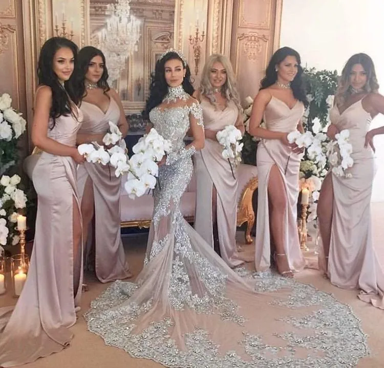 Dubai Arabisch Silber Meerjungfrau Brautkleider Stehkragen Perlen Applikation Illusion Lange Ärmel Hofzug Hochzeit Brautkleider