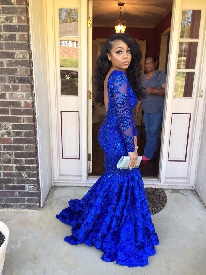 2018 Lindo Azul Royal Sereia Vestidos de Baile para Menina Negra Frisada Lantejoulas Mangas Compridas Cansado Ruffled Prom Vestidos Mulheres Vestido de Festa À Noite