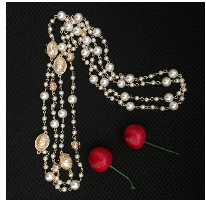 2016 Fashion Women Golden Chain Elegant Beaded Pearl Design Long Sweater Chain Stainlaces Strands/Strings Hishaft Gift