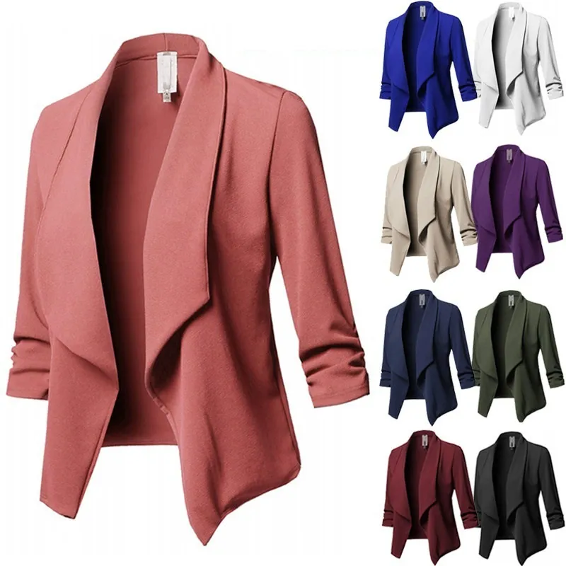 Tamanho Grande mulheres magros casacos de moda senhora do escritório sólidas jaquetas curtas para Primavera e Outono 10 cores lapela pescoço vestuário S - 5XL