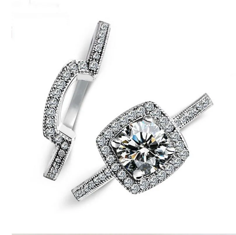 Drop Shipping Vecalon Handmade Luxury Biżuteria 925 Sterling Silver Wypełnione Okrągłe Cut White Topaz CZ Diament Kobiety Wedding Bridal Ring Set Prezent