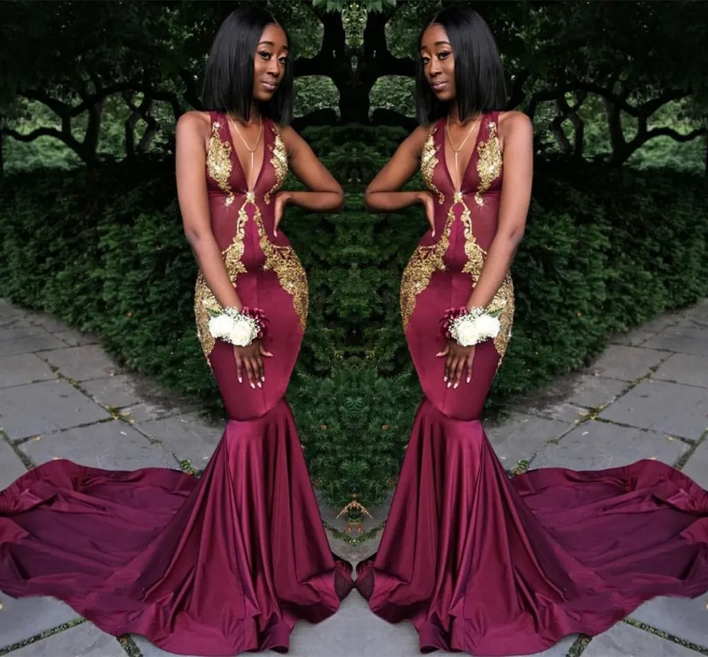 Africa Sexy Grape Evening Dresses Deep V-Neck Sleeveless Prom Gowns With Gold Applique Mermaid Style Sweep Train Custom Made Formal Gowns