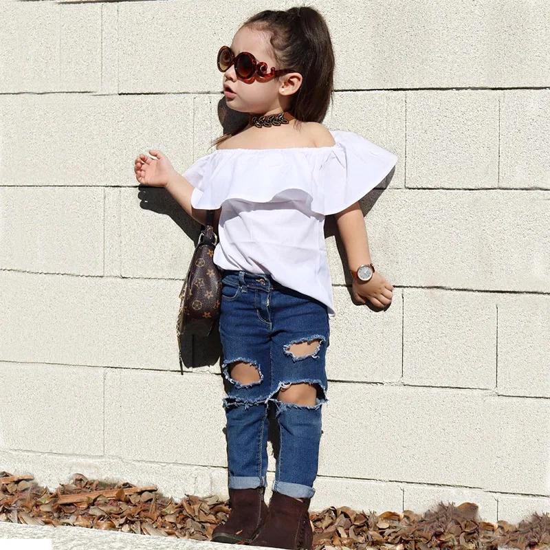 2018 New Fashion Neonate Abiti Top Bianco Camicia e buco Jeans Pantaloni Due pezzi Abbigliamento Set Cute Baby Girls Clothes Set Kids Suit