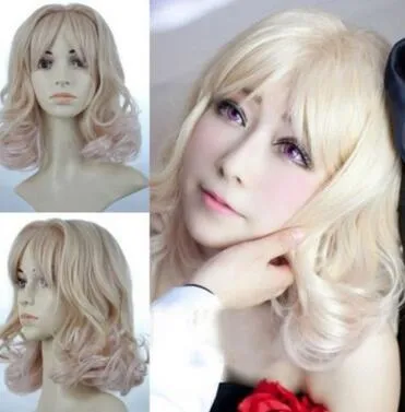 Women's Girl's Cute Medium Blonde Mixed Curly Wavy Hair Wig Anime Cosplay Party