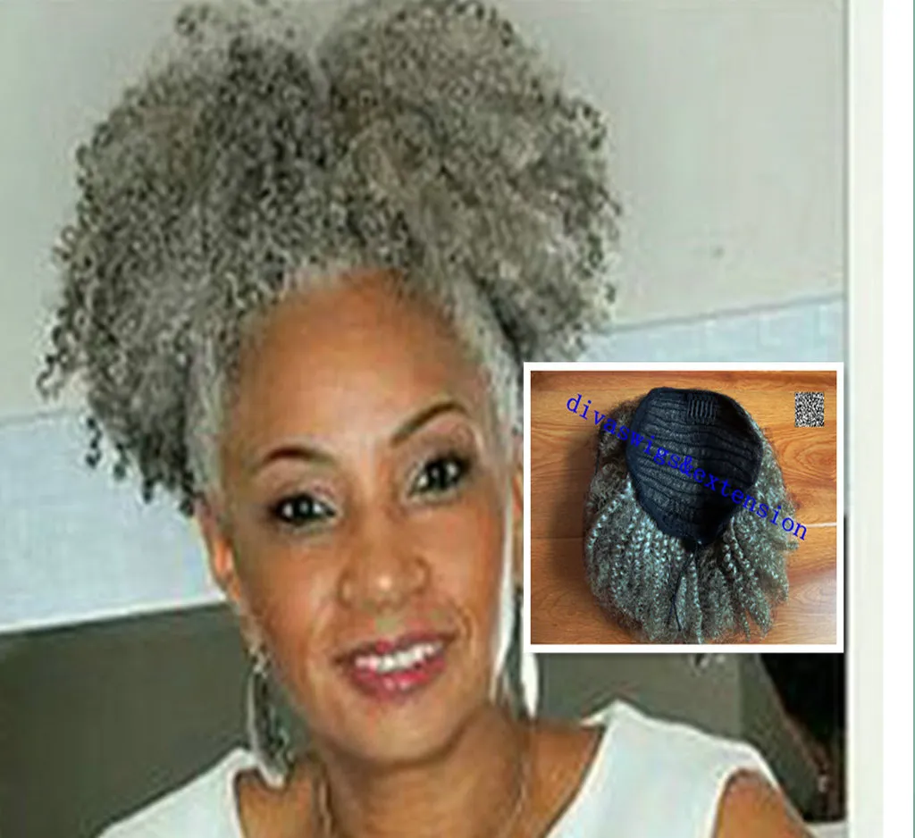 Real hair grey hair weave ponytail 4b 4c afro kinky curly clip in gray human drawstring ponytail hair extension for black women 120g