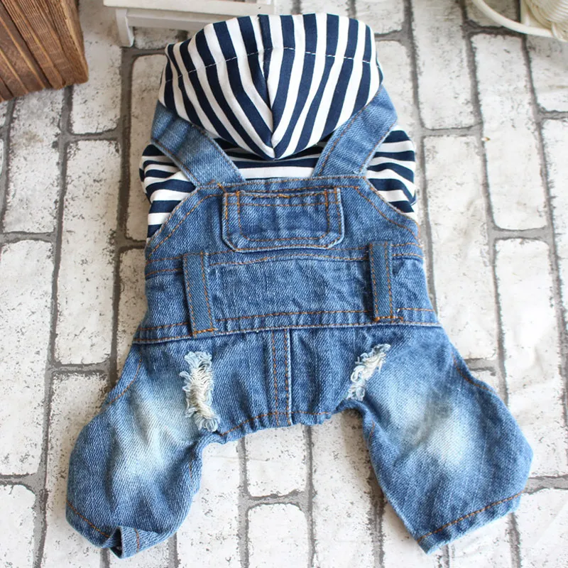 Fashion Four Legs Jeans Dog Clothes Chihuahua Pet Cool Spring Jumpsuit Striped Jacket With Denim Overalls Teddy Jeans Leisure Sweatshirt