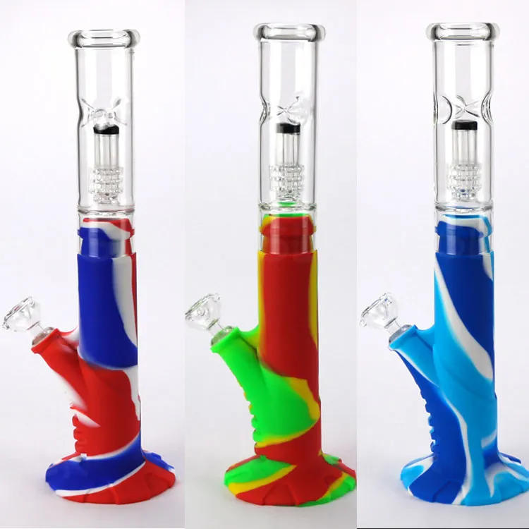 Pyrex verre bangs silicone pipes à fumer tuyau de brûleur à mazout détachable unique pipe à eau en verre capiteux bong dab rigs 14 pouces de hauteur