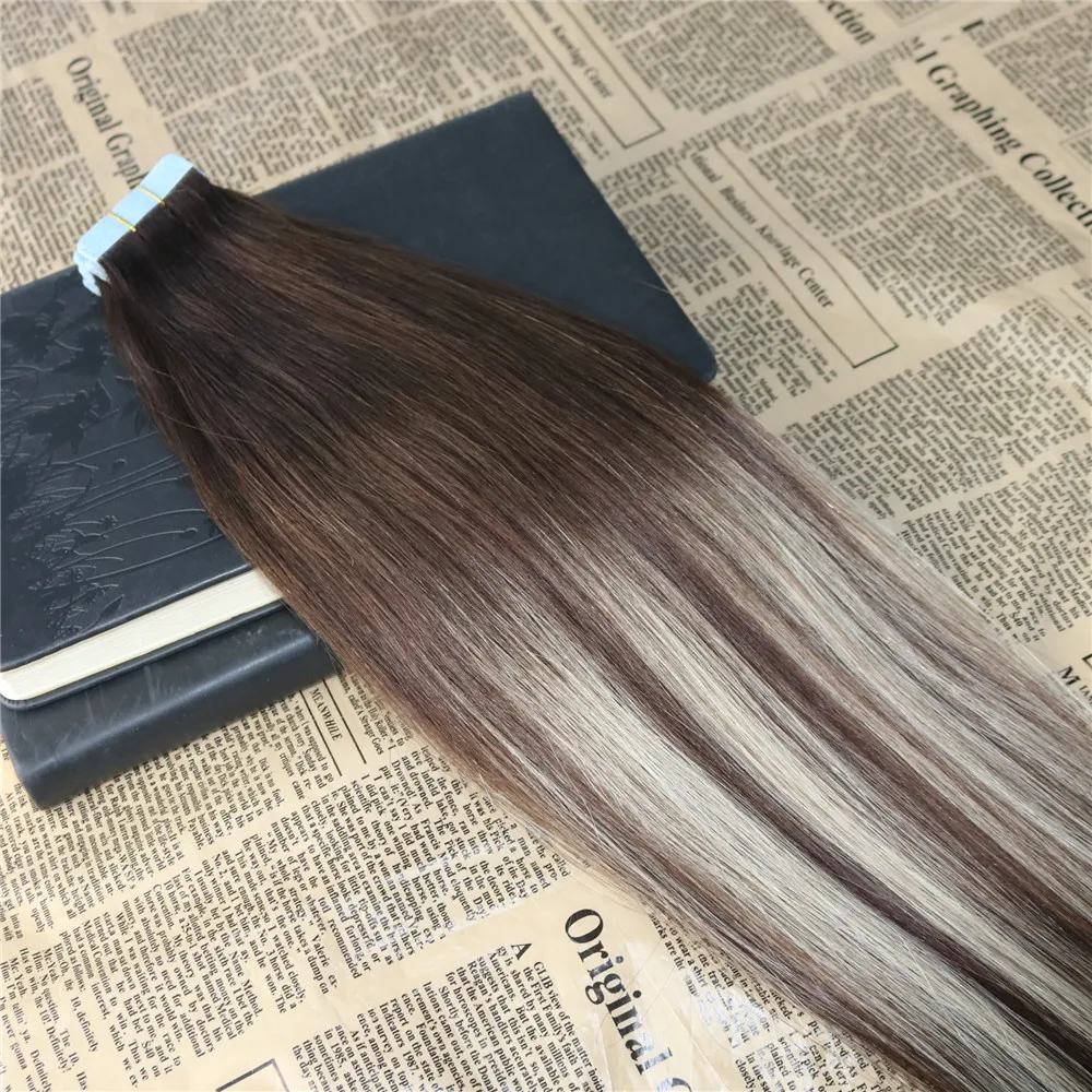 Omber Tape in Hair Extensions Kleur 3 Vervagend naar 24 Tape in Extensions met highlights Echt haar 8A-kwaliteit Lijm in Extensions 100g405899917
