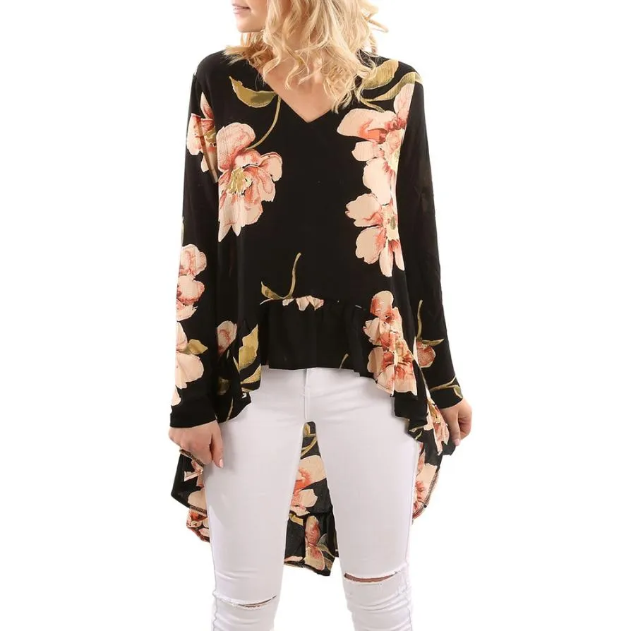 Floral Print Hoge Low Hem Hoge Lage Blouse Shirt Dameskleding Butterfly Sleeve Asymmetrische Chiffon Losse Tops Blusas P45X