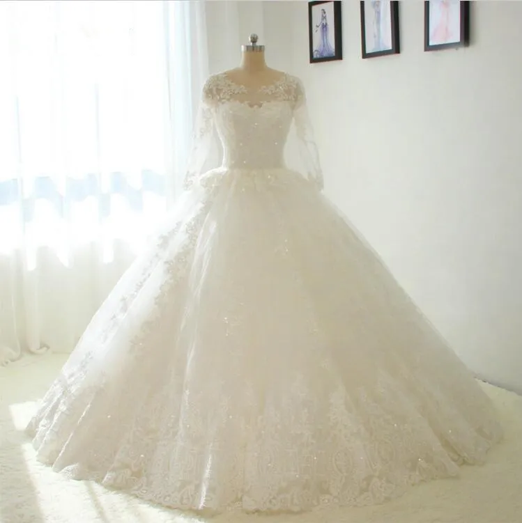 Abiti da sposa vintage con maniche lunghe in pizzo applique paillettes illusione abito da ballo corte strascico abiti da sposa da sposa economici