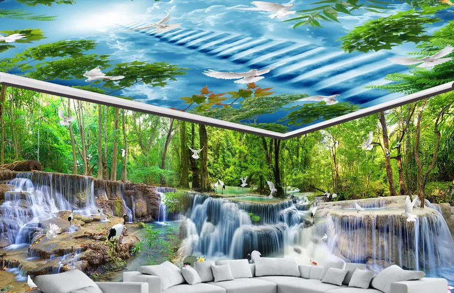 3D Muurpaneel Waterval Flowing Forest Crane Pigeon Whole House achtergrond Muurschildering