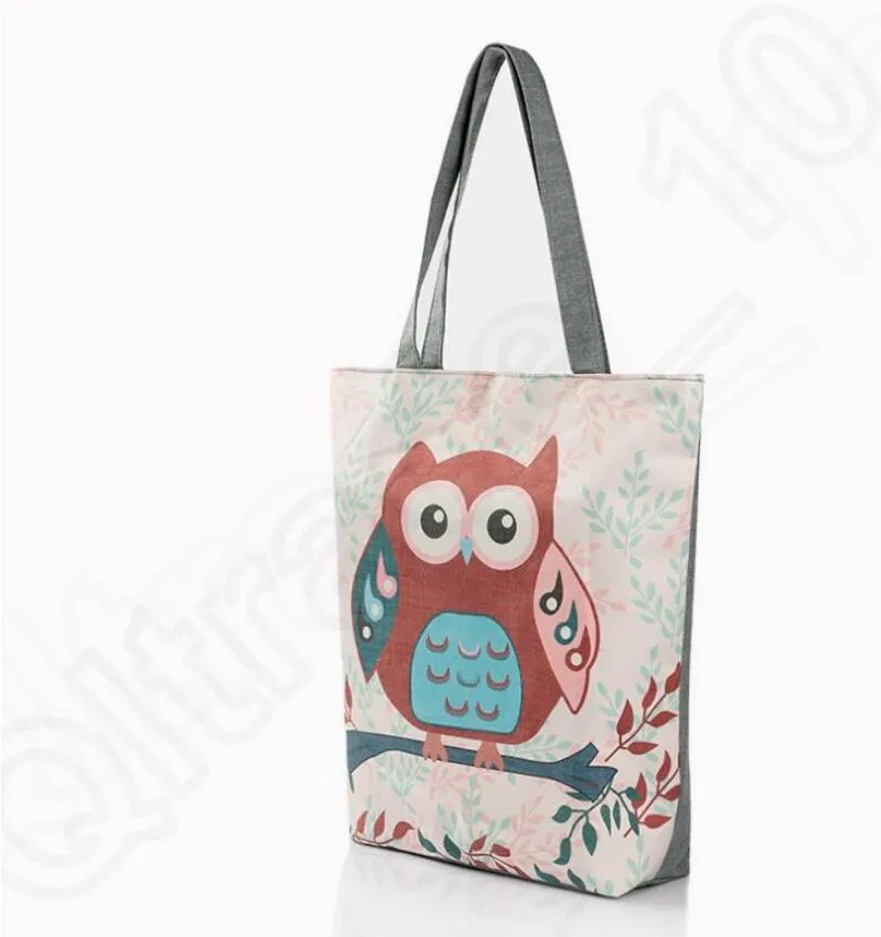 Women Casual Travel Beach Bag Embroidered Floral Handbag Night Owl Printed Shoulder Bags Canvas Birds Lady Shopping Bag Totes