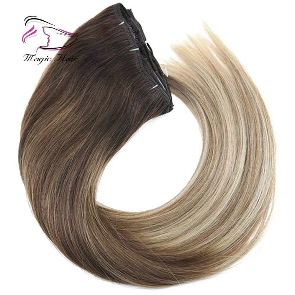 Clip-in-Haarverlängerung, Echthaar, Ombré Nr. 4, Dunkelbraun, Mischung Nr. 6 Mittelbraun, verblassend bis Nr. 22 Mittelblond, ganzer Kopf, 7 Stück, 120 g288q